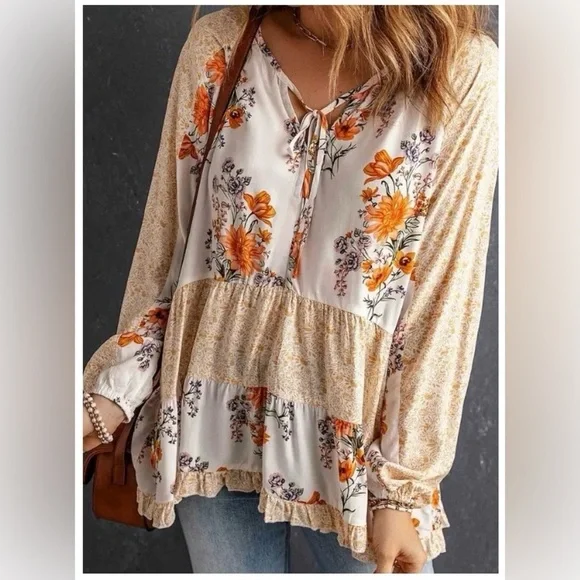 Bohemian White Floral Top Boutique Viscose Long Sleeve Flowy - Picture 1 of 9